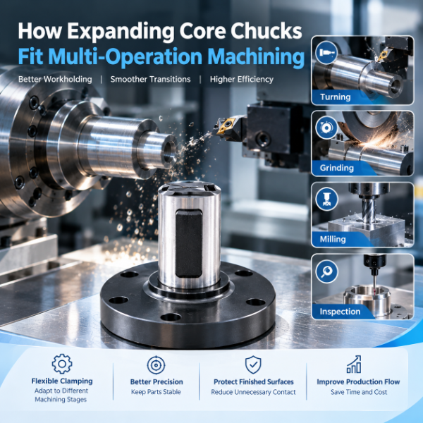 Expanding core chuck in a CNC machining setup for turning, grinding, milling, inspection, and multi-operation workholding.
