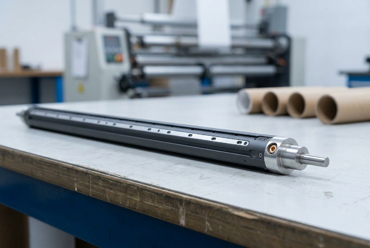 Multi Bladder Air Shaft with a black body and steel end journal lying on a workbench in front of paper cores and a slitting machine.