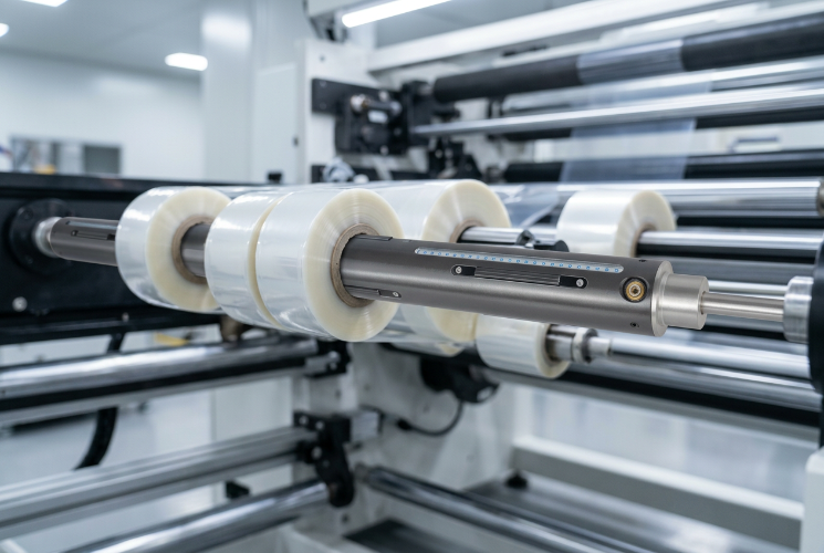 A Multi Bladder Air Shaft holds several clear film rolls on paper cores inside a film slitting machine, a layout where a Differential Air Shaft may also be considered.